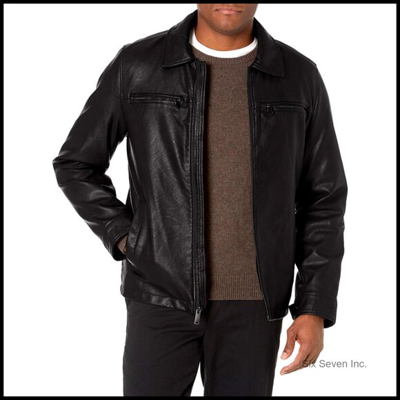 Men's Faux Leather Jacket with Quilted Lining and Multiple Pockets